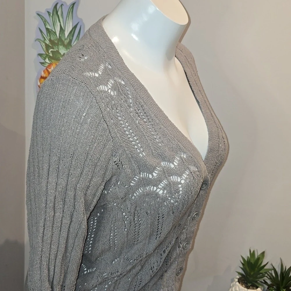 Torrid - Pointelle Cardigan V-Neck Sweater in Formal Gray​​​​ - Picture 6 of 12